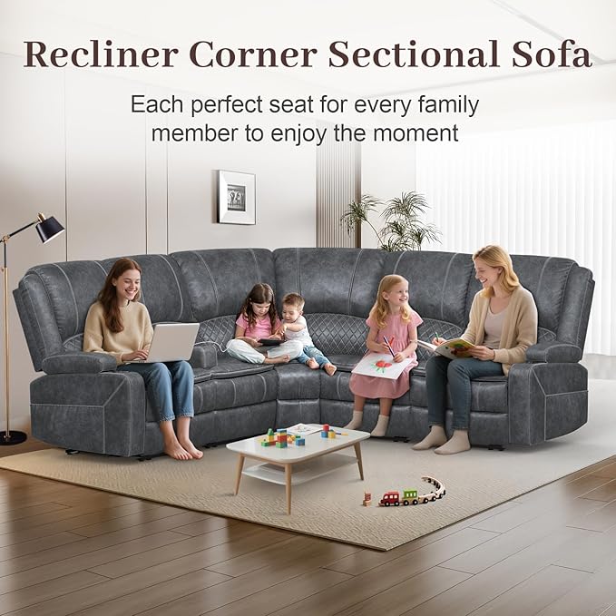 Manual Reclining Sectional Sofa Set, 5 Seats Soft Dutch Velvet Recliner Corner Sectional Couch, Family-Sized L-Shaped Recliner Couch with USB Charging, Thickened Padding, Sturdy Frame, Grey