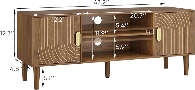Smuxee Walnut TV Stand with Line Groove Design, 47.2" Mid Century Modern...