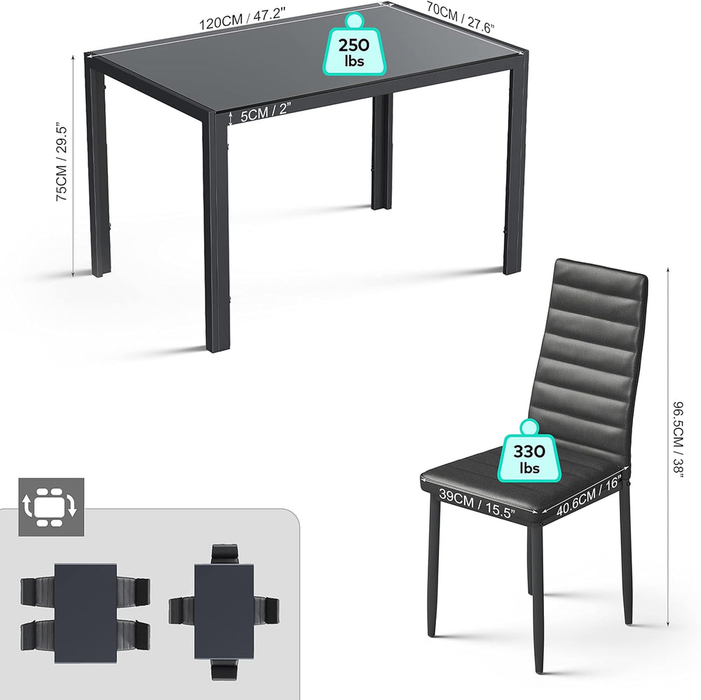 Gizoon Black 5 Piece Glass Dining Table Set | Kitchen Table and Chairs for 4