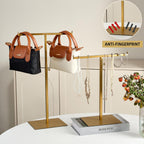 Display Stand Stainless Steel Jewelry Towers Bag Stand Tabletop Double Hook Hanging Jewelry Stands for Necklaces Organizer Stand Adjustable Height Home Store Boutique, Gold
