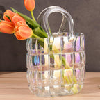 NiHome Glass Purse Vase Iridescent Glass Bag Vase with Handle Handbag Shape | Iridescent Glass Vase for Flowers Farmhouse Decor, Handmade Wide Mouth Glass Vase for Home Living Room Dining Table Décor