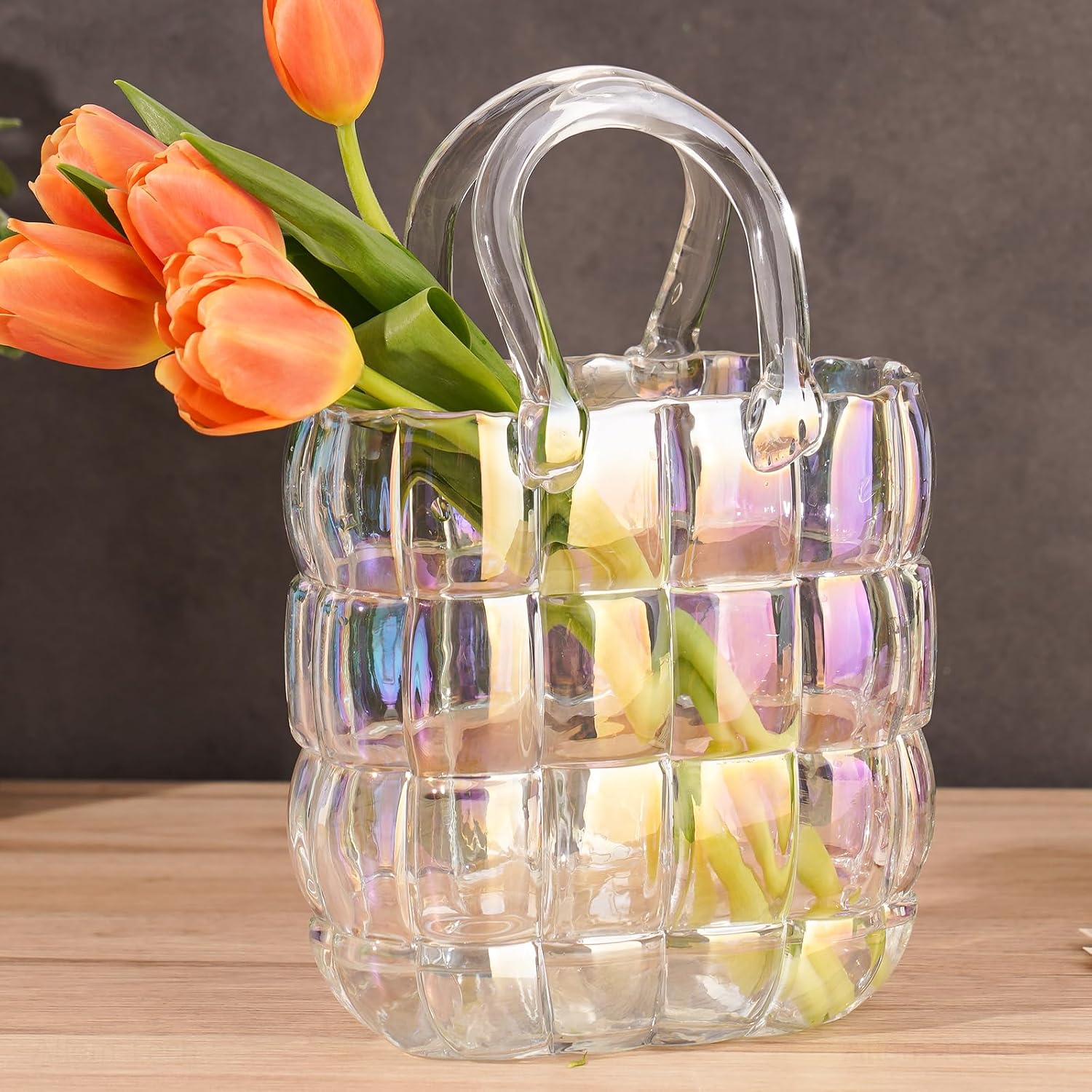 NiHome Glass Purse Vase Iridescent Glass Bag Vase with Handle Handbag Shape | Iridescent Glass Vase for Flowers Farmhouse Decor, Handmade Wide Mouth Glass Vase for Home Living Room Dining Table Décor