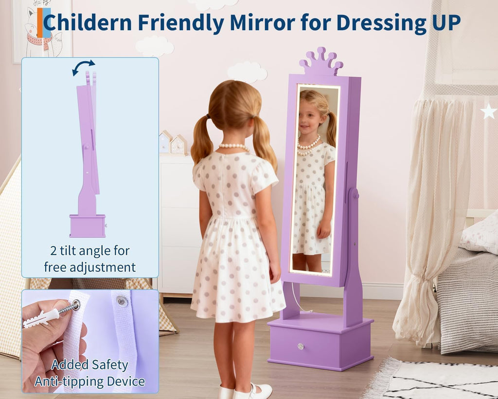 LED Kids Jewelry Armoire Cabinet with Full Length Mirror for Girls, Purple | 3 Color Touch Control Lighting,Anti-Tip Stable Structure,Lockable Cabinet, Freestanding Jewelry Organizer