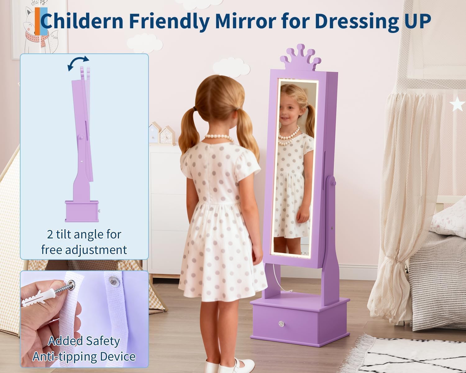LED Kids Jewelry Armoire Cabinet with Full Length Mirror for Girls, Purple | 3 Color Touch Control Lighting,Anti-Tip Stable Structure,Lockable Cabinet, Freestanding Jewelry Organizer