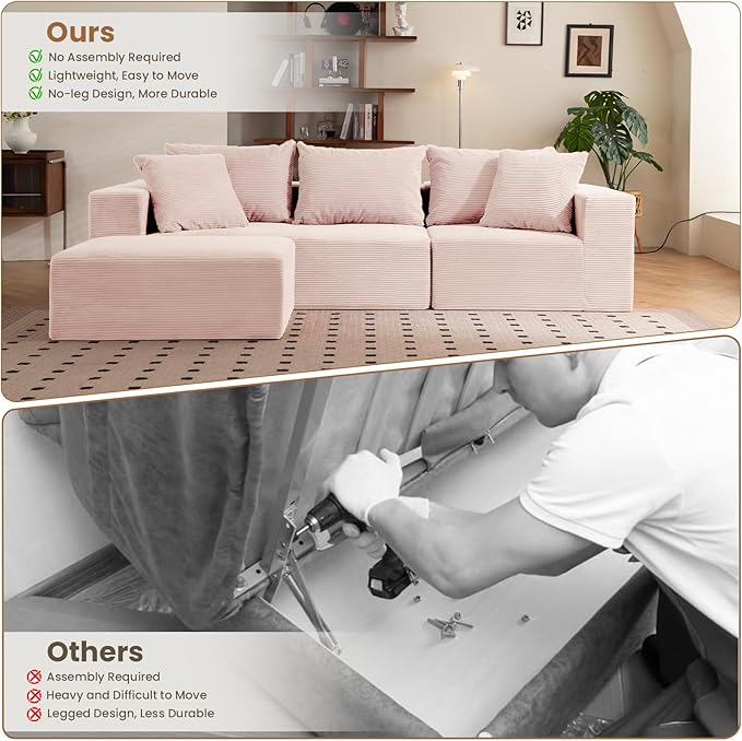 108" L-Shaped Boneless Couch, Modular Sectional Sofa with Moveable Ottoman, Corduroy Cloud Couches for Living Room, No Assembly, Ship in a Box, Pink