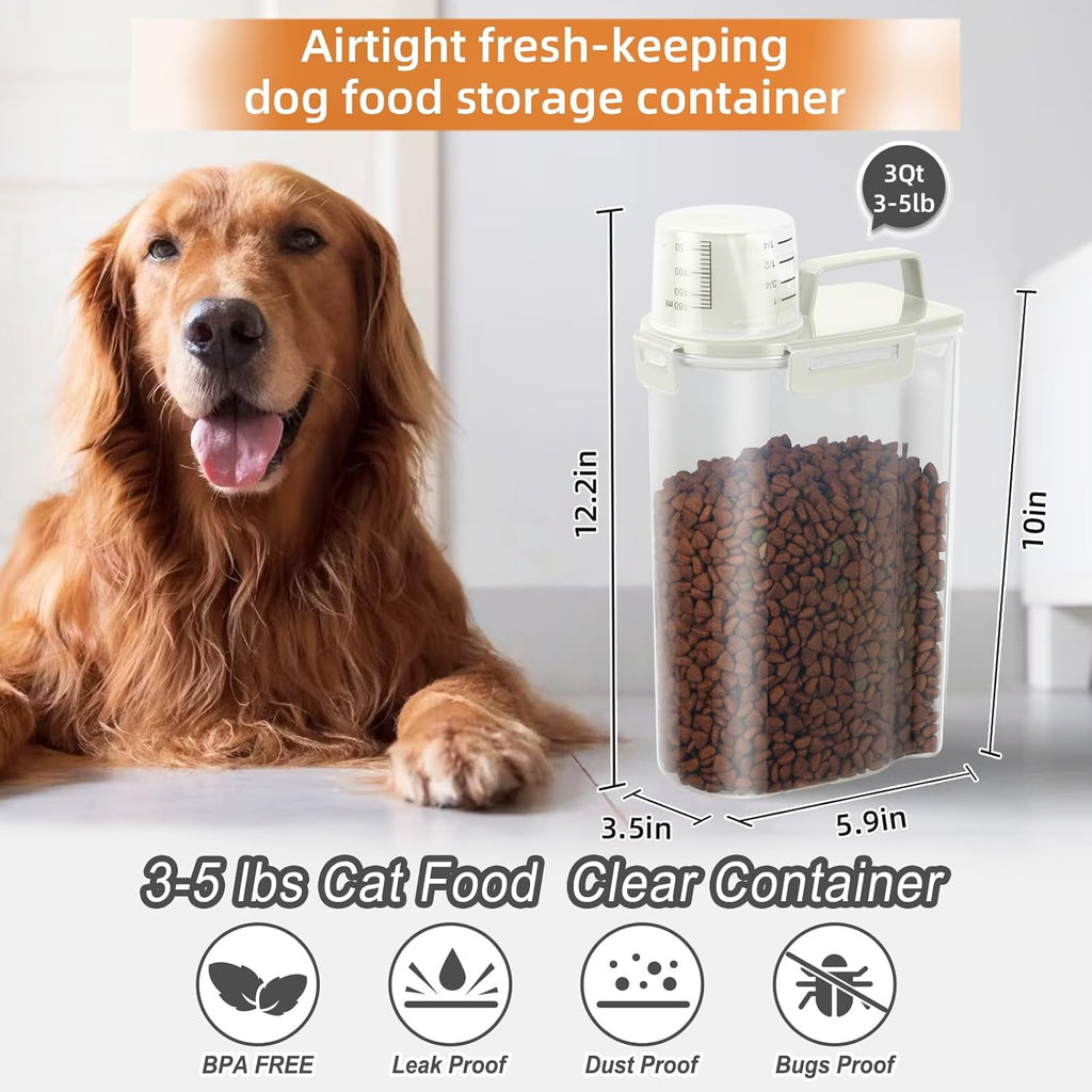 3-5Lbs Airtight Small Cat Dog Pet Food Storage Containers BPA Free, with Large Pour Spout/1 Measuring Cup/ 4 Safety Locks and Double-layer Silicone Strip (Off White 2Pack)