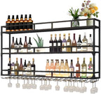 70.8in Wall Mounted Wine Rack, Wine Rack Wall Mounted with Wine Glass Rack, Metal Bar Bottle Display Shelf Wine Cups Hanging Holder, for Home Bar Cafe Decoration (Black, 70.8 * 10 * 35.5IN)