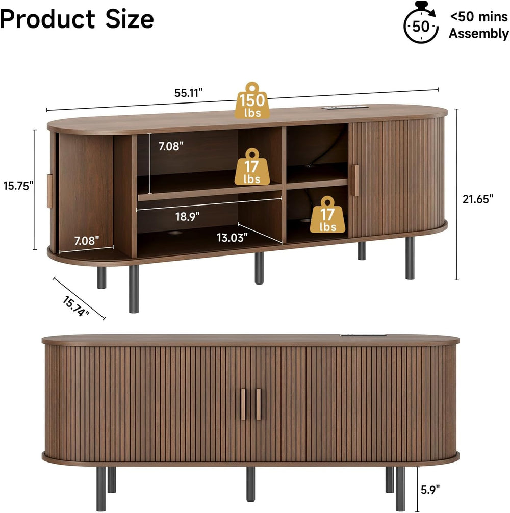 55" TV Stand with Power Outlet & Storage for TVs up to 60", Walnut
