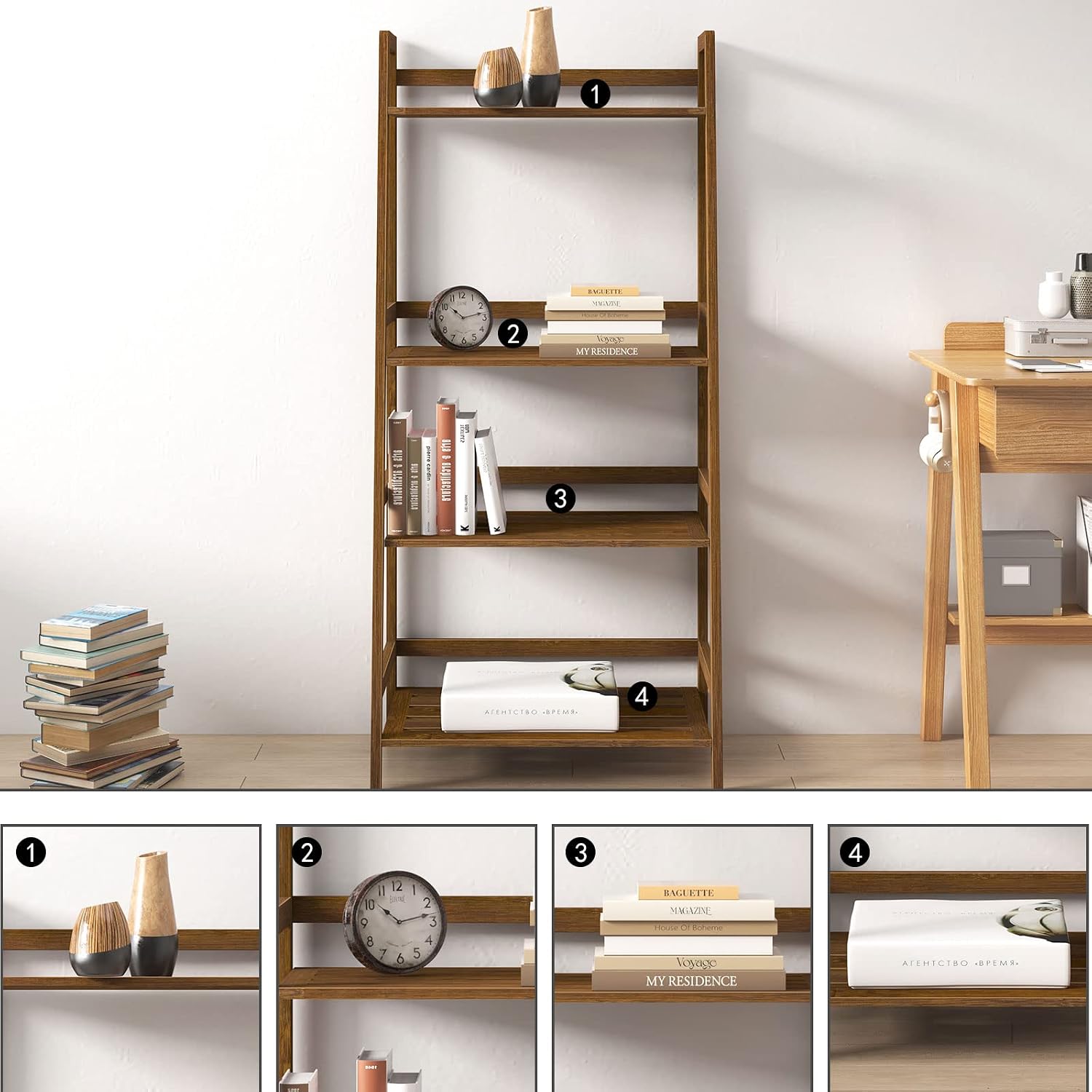 sogesfurniture, 4-Tier Bamboo Ladder Shelf, Rustic Style, Bookshelf Storage Rack, 18.9x11.8x46.5 inches, Brown