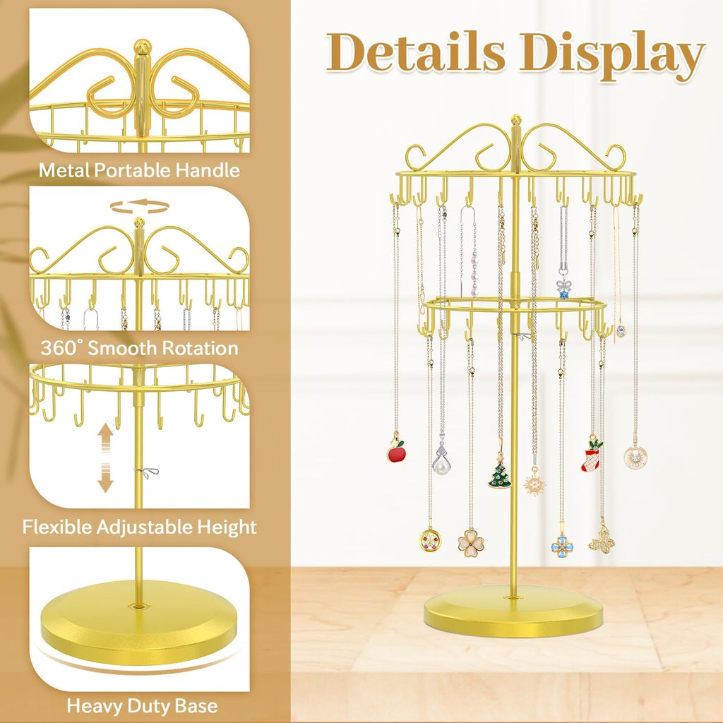 MODOWEY Rotating Necklace Holder Organizer Display Stand with 42 Hooks, 2 Tier Adjustable Metal Tree for Long Necklace Hanger Selling, Tall Spinning Bracelet Storage Rack for Men Women, Gold