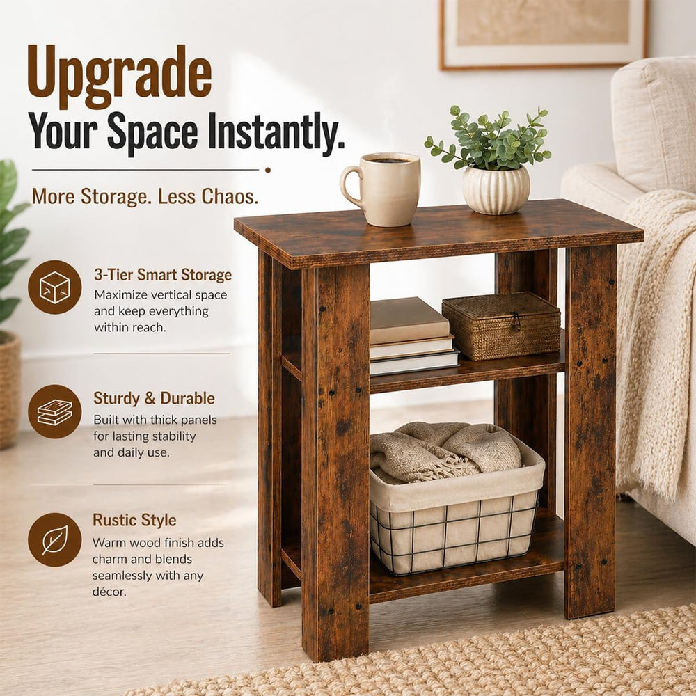 Narrow Side Table, 3 Tier Rustic End Table for Living Room, Small Wood Nights...