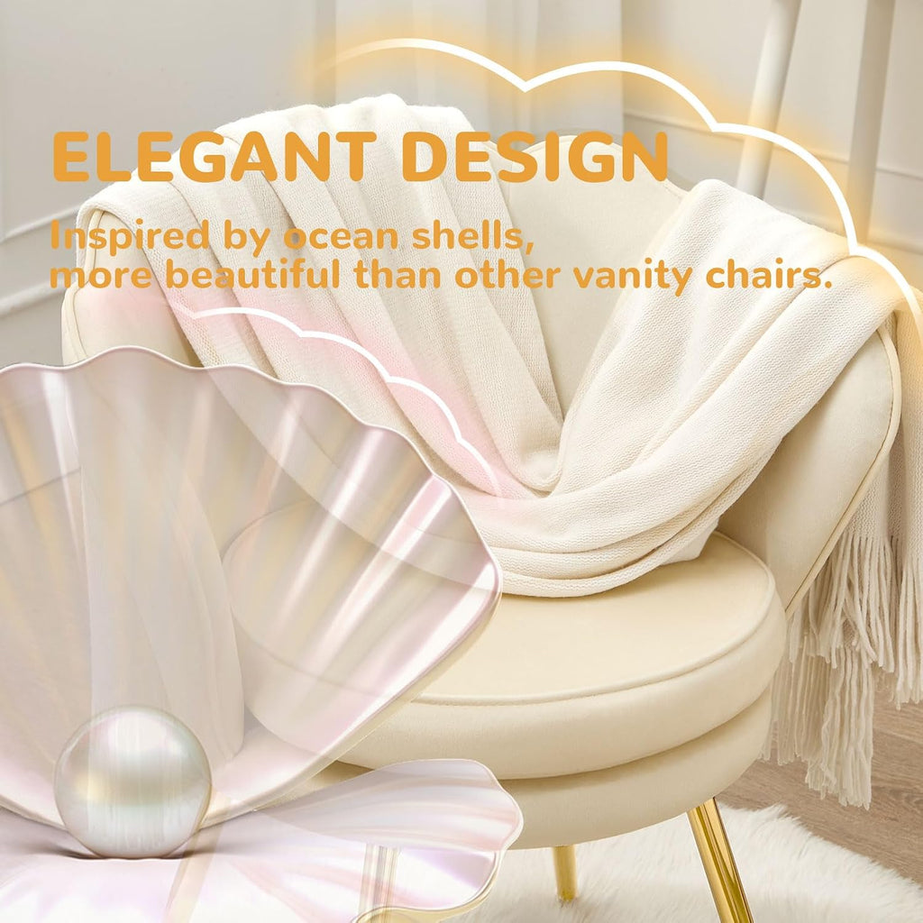 Czlolo Velvet Vanity Chair with Back, Mid-Century Modern Small Accent Chair for Living Room, Golden Metal Legs Upholstered Makeup Chair, 1Pcs Bedroom Armchair, Beige