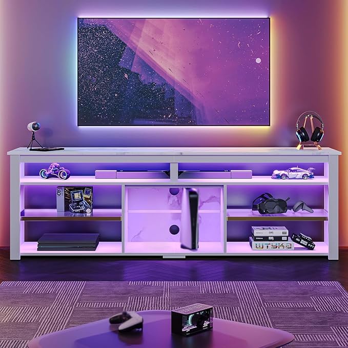 Bestier TV Stand for 75 inch TV, Tall LED Entertainment Center with Adjustable Shelf, Gaming TV Console with Storage for PS5, Modern TV Cabinet for Living Room Bedroom, White Marble