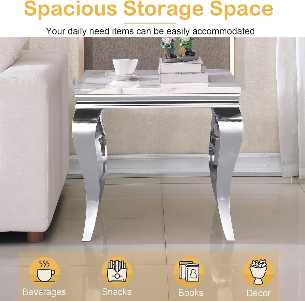Marble End Table, Modern White Faux Marble Sofa Side Table with Silver Stainl...