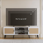 TV Stand for TVs up to 65'', Mid Century Modern Entertainment Center with Rattan Door, Shelves & 2 Cabinets, Boho Media TV Console for Living Room, Bedroom, White