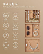 SONGMICS Jewelry Box Organizer with Glass Lid, 3-Layer Jewelry Storage, with 2 Drawers, Modern Style, Christmas Gift, 8 x 9.1 x 5.3 Inches, Caramel Brown and Gold Color UJBC239K01