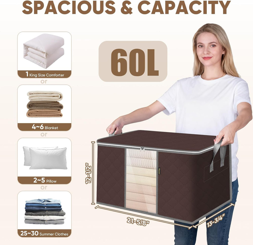BALEINE 4 Pack Clothes Storage Bags, 16 Gallon Storage Containers with Reinforced Handle, Sturdy Zipper, Closet Organizer for Blanket, Comforter, Pillow, Bedding (Brown, 4 Pack)