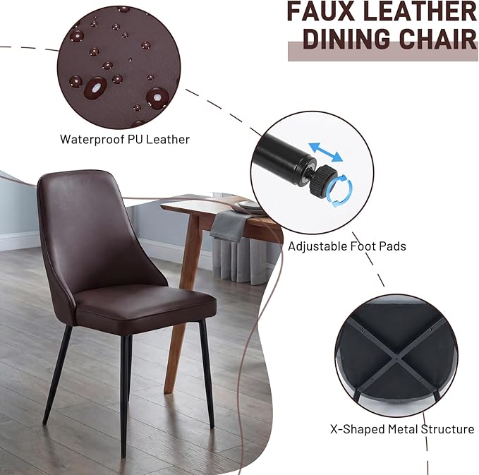Faux Leather Dining Chairs, Upholstered Modern Dining Room Chair Kitchen Chairs Dinner Side Chair with Curved Back and Metal Legs for Kitchen, Dining Room, Living Room, Brown