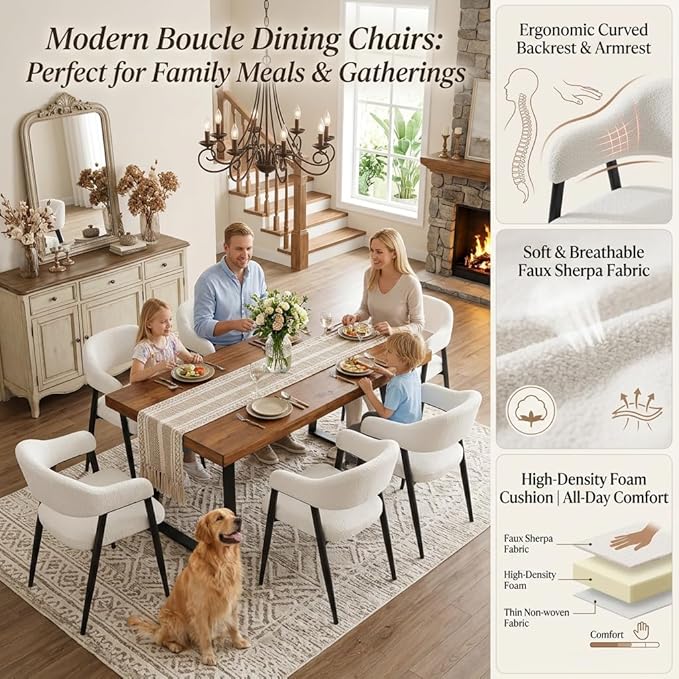 HNY Modern Dining Room Arm Chairs Set of 4, Faux Sherpa Boucle Upholstered Ba...