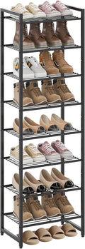 Nunsino Narrow Shoe Rack, 8-Tier Metal Shoe Organizer,Tall Shoe Shelf with Anti-Tip Strap, Max Holds 18 Pairs,Space Saving for Closet,Entryway,Black
