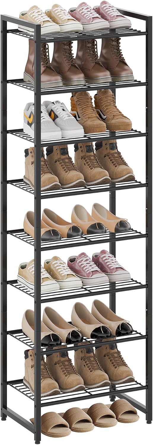 Nunsino Narrow Shoe Rack, 8-Tier Metal Shoe Organizer,Tall Shoe Shelf with Anti-Tip Strap, Max Holds 18 Pairs,Space Saving for Closet,Entryway,Black