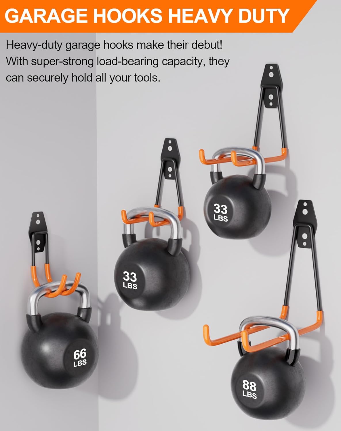 QcoQce 14 Pack Garage Hooks Heavy Duty with 2 Extension Cord Straps,Garage Storage Hooks, Wall Mount Hooks, Garage Organization and Tool Hangers for Bike, Ladder, Ropes and Garden Tools(Orange)