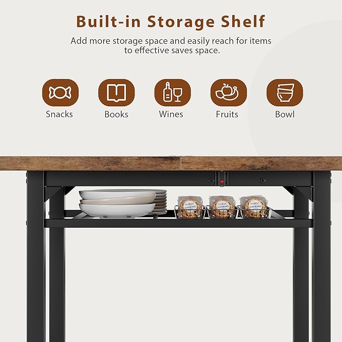 Dining Table Set for 4, Extendable Kitchen Table with 4 PU Leather Upholstered Dining Room Chairs, Wood Kitchen Table Set with Built-in Storage Rack for Dining & Small Spaces, Rustic Brown