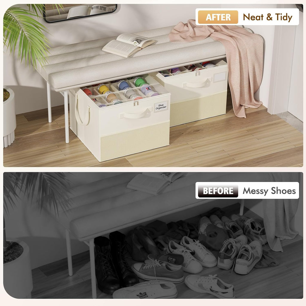 Plus Size 2 Pack Shoe Organizer for Closet, Foldable Shoe Storage Box | 16–24 Pair Shoe Storage for Sneakers, Boots & Heels with Adjustable Dividers, Clear Cover & Space Saving Closet Storage