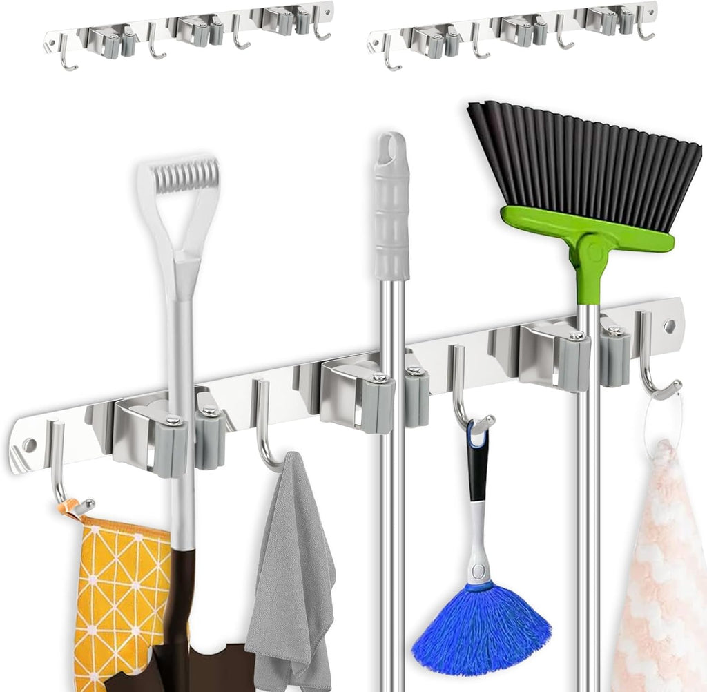 2 Pack Broom Holder Wall Mount 3 Racks 4 Hooks Stainless Steel Broom Mop Holder Anti Slip Storage Rack Strong Load Bearing Waterproof Broom and Mop Organizer Wall Hanging for Bathroom Kitchen Garage