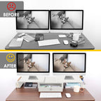 Dual Monitor Stand Riser w/ Drawer & Metal Leg, Large White Computer Monitor Riser w/ Storage For 2 Screens, Desk Shelf w/ Adjustable Length & Angle, Desktop Organizer