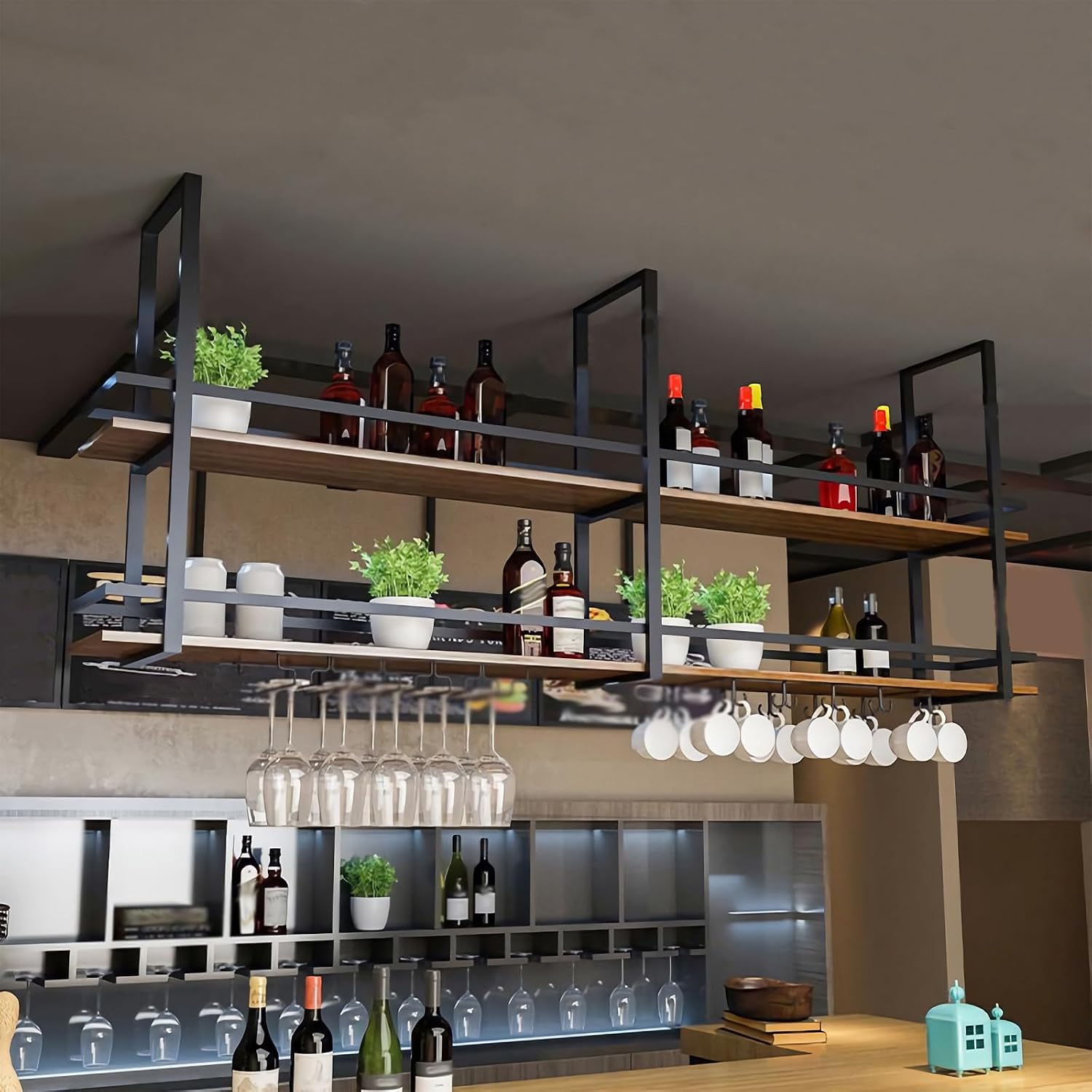 Ceiling Wine Glass Rack - 47.2in Hanging Wine Rack with Glass Holder and Shelf, 2 Layer Industrial Hanging Wine Bottle Holder, Black Metal Ceiling Shelf for Bar Cafe Kitchen (Black, 47.2×11.8×31.4in)
