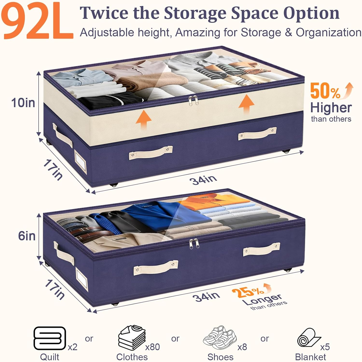 Dolicer 4 Pack Under Bed Storage with Wheels, 6in-10in Height Adjustable Underbed Storage Containers, 92L XXXL Under Bed Drawers Rolling Bin with Clear Lids for Dorm Shoes Clothes Organizers(Blue)