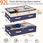 Dolicer 2 Pack Under Bed Storage with Wheels, 6in-10in Height Adjustable Underbed Storage Containers, 92L XXXL Under Bed Drawers Rolling Bin with Clear Lids for Dorm Shoes Clothes Organizers(Blue)