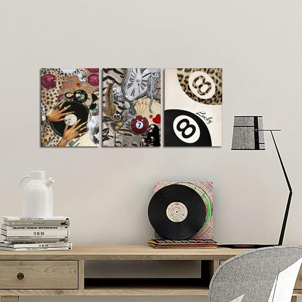 Fashion Cheetah Wall Art Set of 3 Leopard Wall Decor Pictures Lucky 8 Ball Po...
