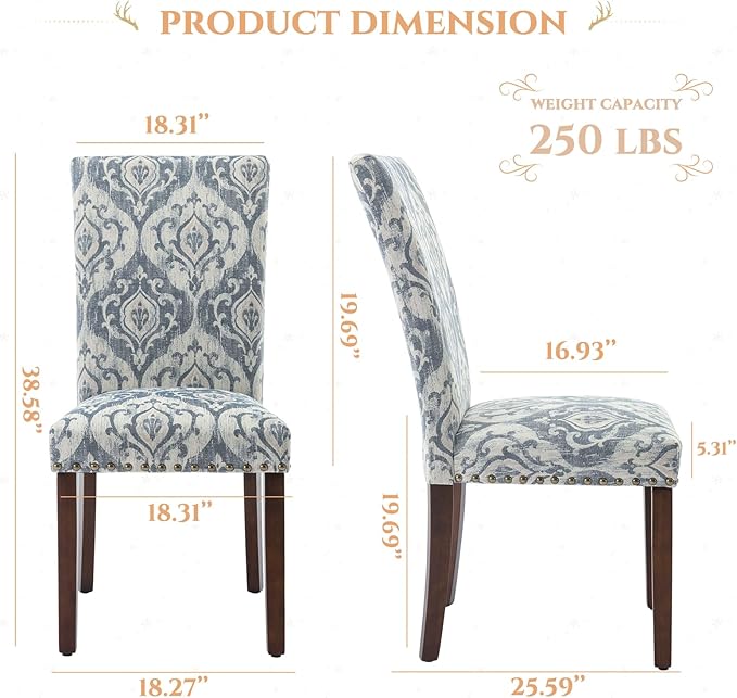 Parsons Dining Chairs Set of 2, Upholstered Nailhead Dining Room Kitchen Side...