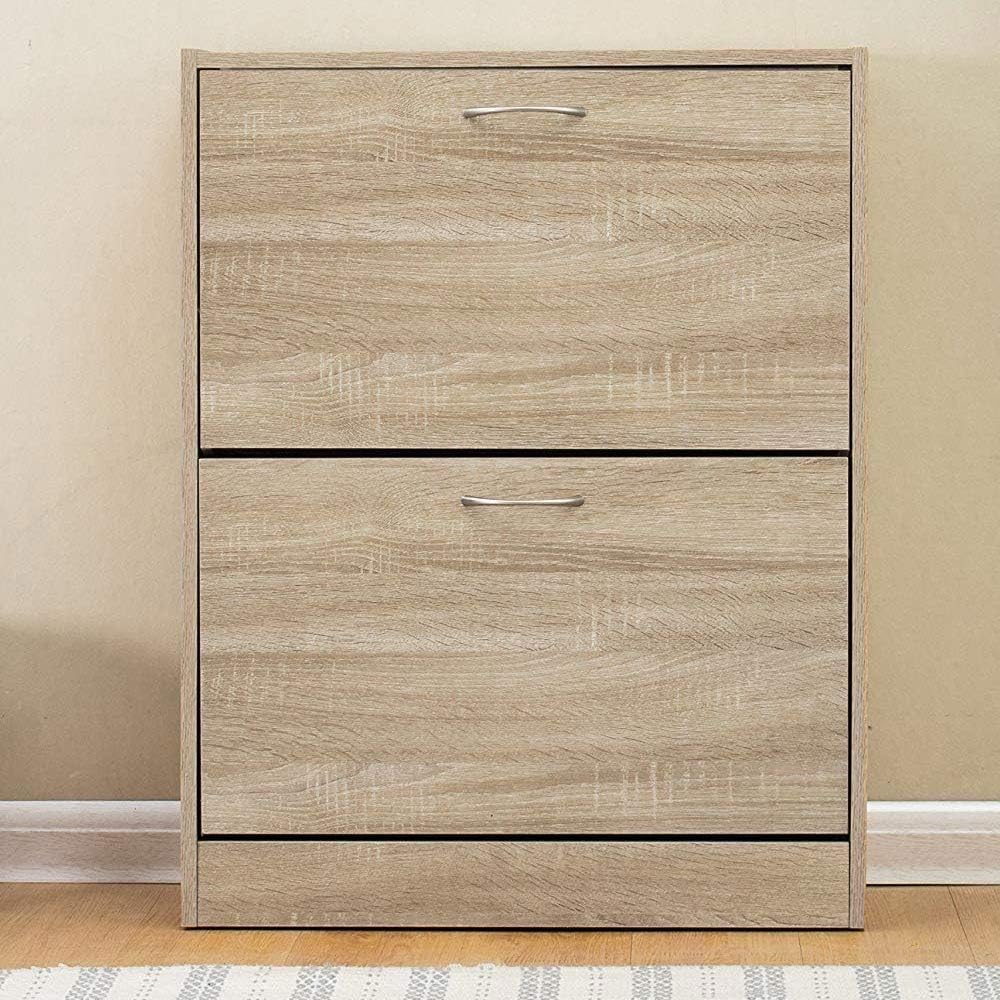 BAKAJI Shoe Rack Space Saving Melamine Wood with 2 Folding Doors and Double Depth Dimensions 60 x 24 x 83.5 cm (Beige), Unique