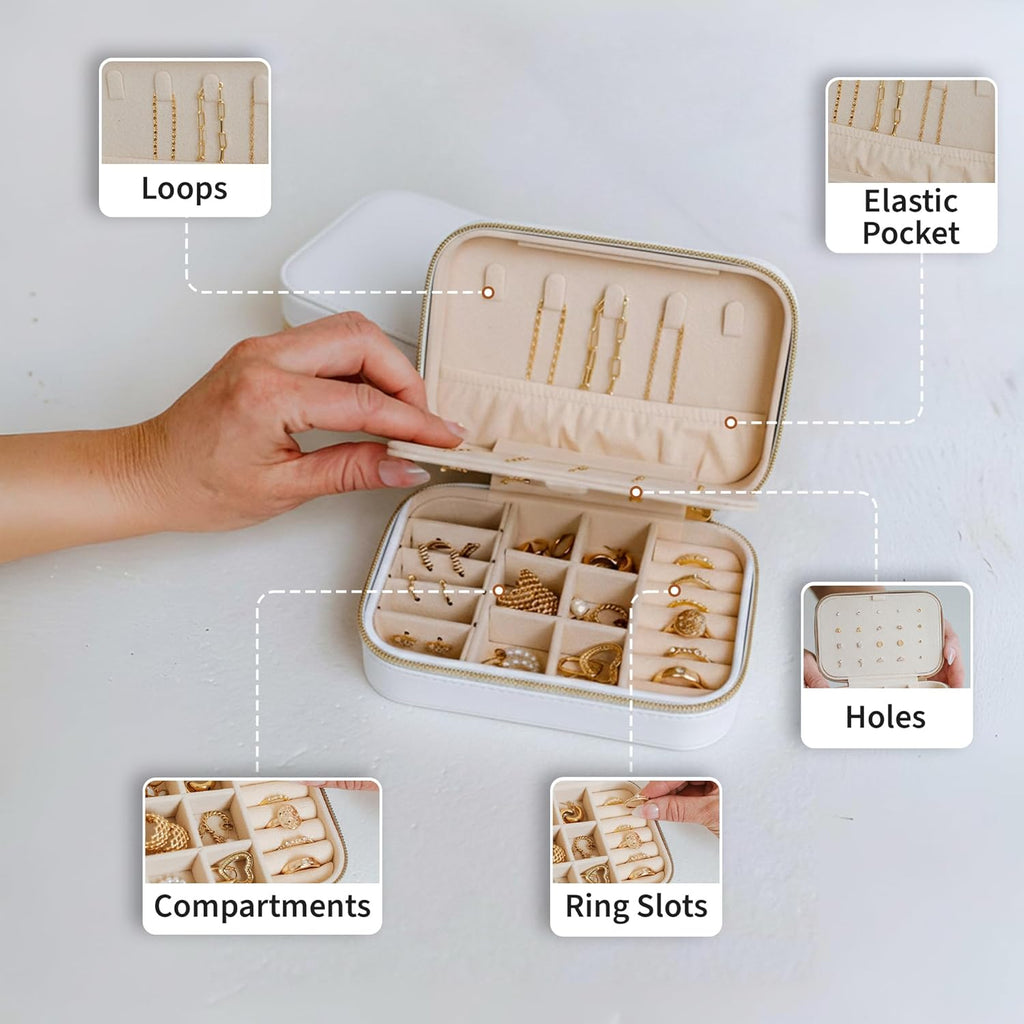 Small Travel Jewelry Box Organizer for women & Girls, Portable Small Travel Jewelry Case Organizer for Traveling, PU Leather Mini Box for Earrings, Necklaces, Rings, Bracelets - White