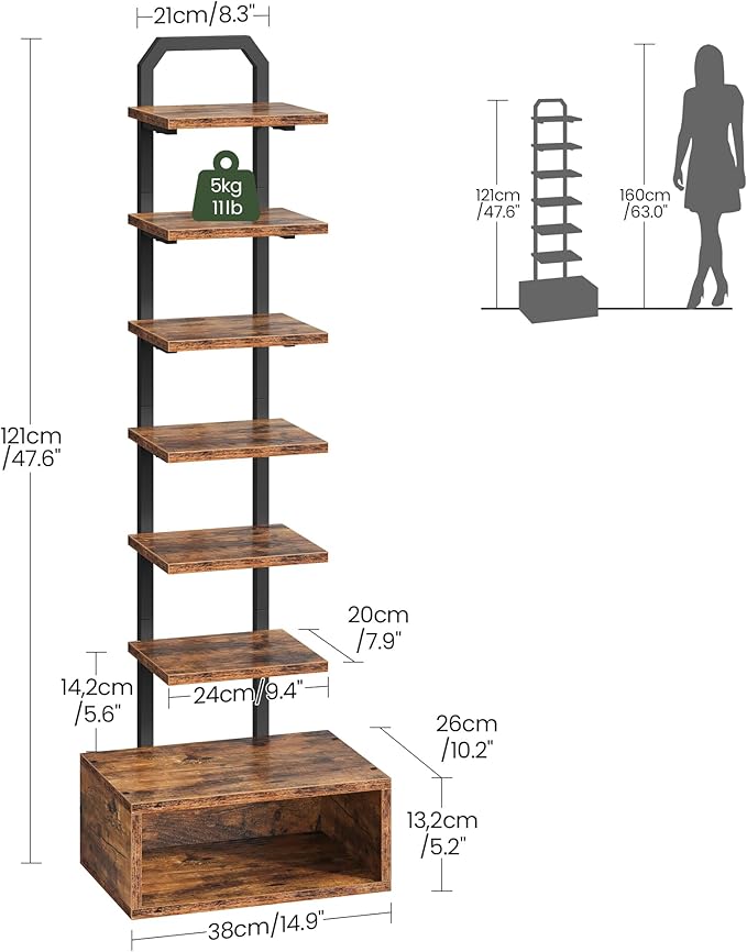 8-Tier Bookshelf, LED Bookcase with Semi-Open Bottom, Small Space Standing Sh...