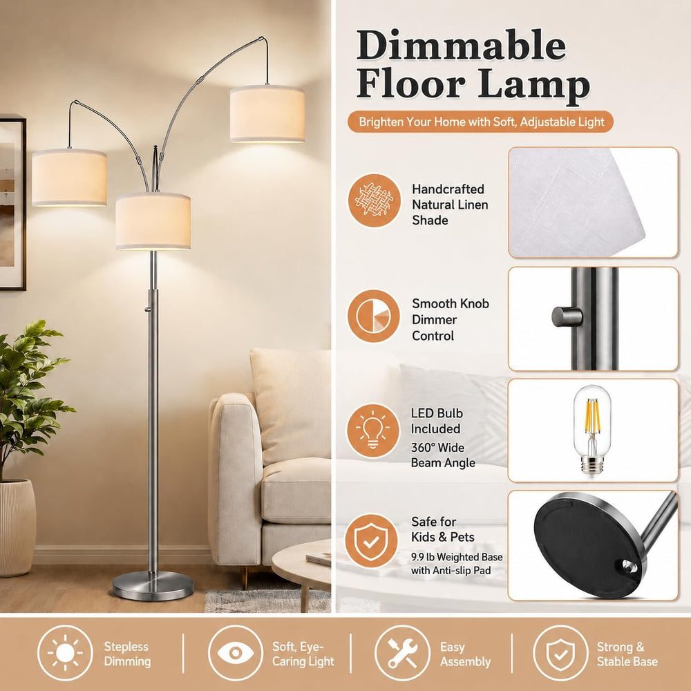 Nintiue Dimmable Floor Lamp - 3 Lights Brushed Nickel Arc Floor Lamps for Liv...