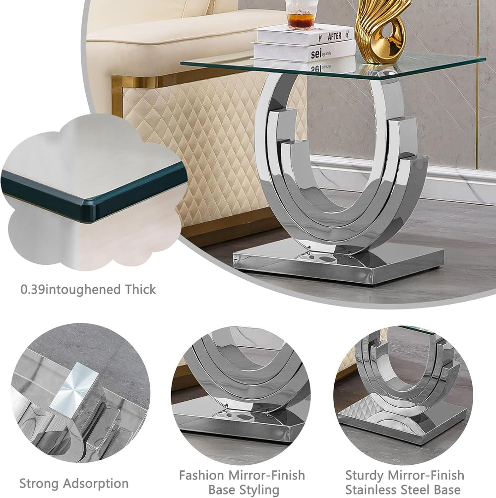 HomVent 22.83" Glass End Table, Living Room Tables, Modern Silver Temper...