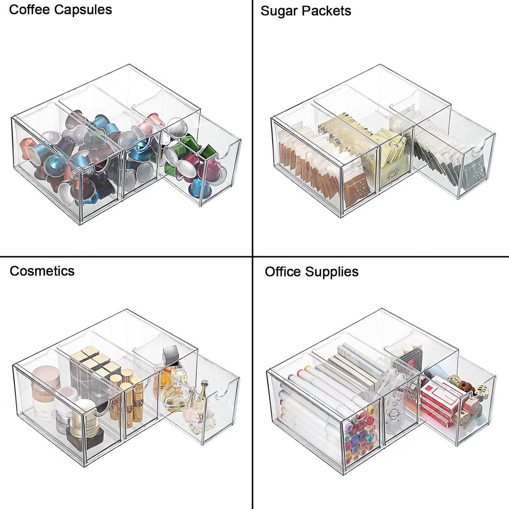 ELLDOO 3 Drawers Tea Bag Organizer Box, Clear Acrylic Stackable Tea Bag Storage Holder for Kitchen Pantry, Coffee Pod Snack Storage for Countertop Cabinet