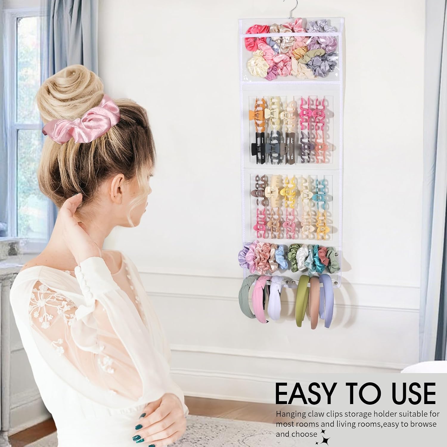 SNOWSTAR Hair Claw Clip Organizer, Large Transparent Bag for Scrunchies Holder and Hair Ties Organizer with Women Girls, Hair Accessorie Hanging Storage Home Decor Wall, Door