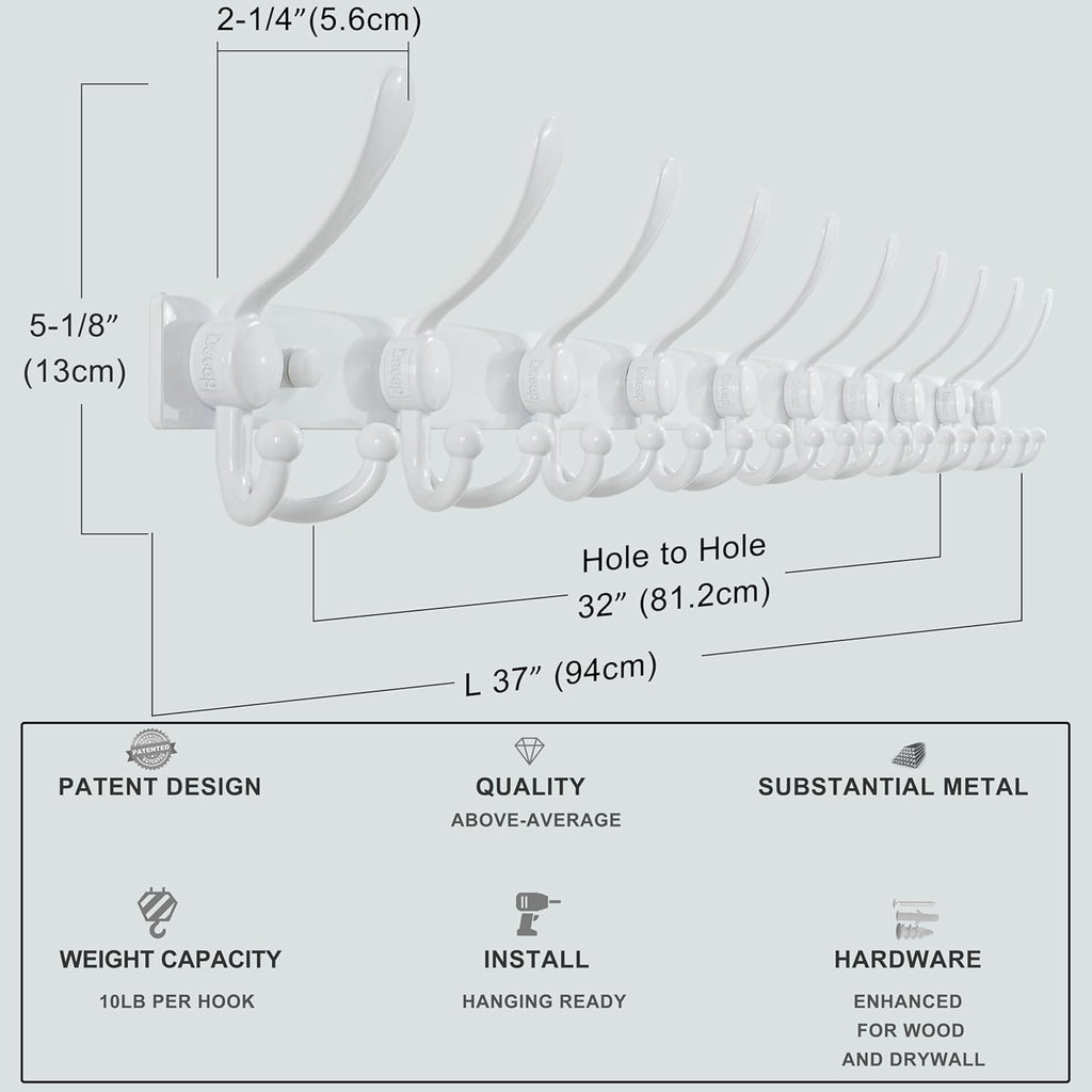 Dseap MaxStrong 2.0 Coat Rack Wall - 37” Long 10 Tri Hooks - Ultra Heavy-Duty Stainless Steel Wall Mount Coat Hanger, Hook Rail for Clothes Hats Jacket Towels White, Pack of 2