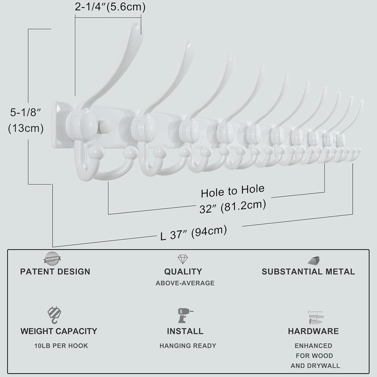 Dseap MaxStrong 2.0 Coat Rack Wall - 37” Long 10 Tri Hooks - Ultra Heavy-Duty Stainless Steel Wall Mount Coat Hanger, Hook Rail for Clothes Hats Jacket Towels White, Pack of 2