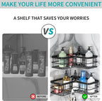 Yazoni Corner Shower Caddy, Adhesive Shower Shelves No Drilling [2-Pack], Rustproof Stainless Steel Bathroom Shower Organizer Wall Mounted with 8 Hooks (Black)