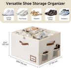 StorageWorks 2-Pack Shoe Storage Box for Closet, Sandal Organizer, Beige | Up to 32 Pairs, 12 Shoe Slots Each, Fixed Compartments, Clear Lid, Label Window, Side Mesh Pocket, Fits Flats & Low-Tops