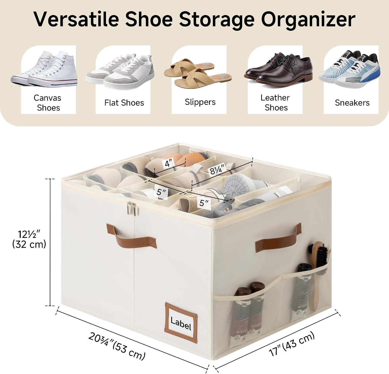StorageWorks 2-Pack Shoe Storage Box for Closet, Sandal Organizer, Beige | Up to 32 Pairs, 12 Shoe Slots Each, Fixed Compartments, Clear Lid, Label Window, Side Mesh Pocket, Fits Flats & Low-Tops