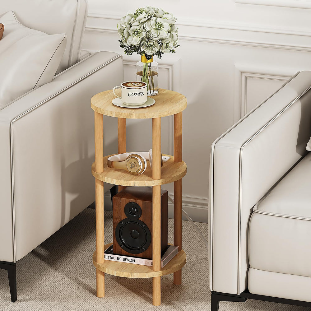 LUCKNOCK Small Round Side Table with Charging Station, 3-Tier Solid Wood End ...