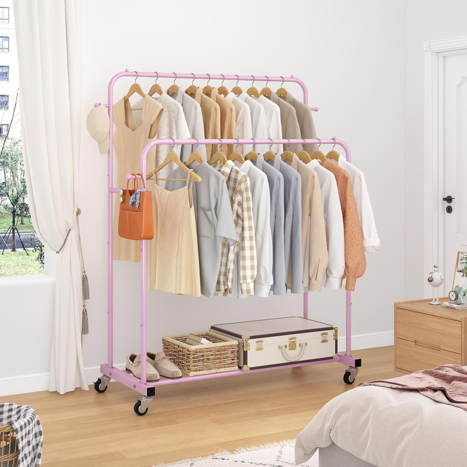 Laiensia Double Rods Garment Rack with Wheels, Clothing Rack for Hanging Clothes,4 Hooks, Multi-Functional Bedroom Clothes Rack, Pink