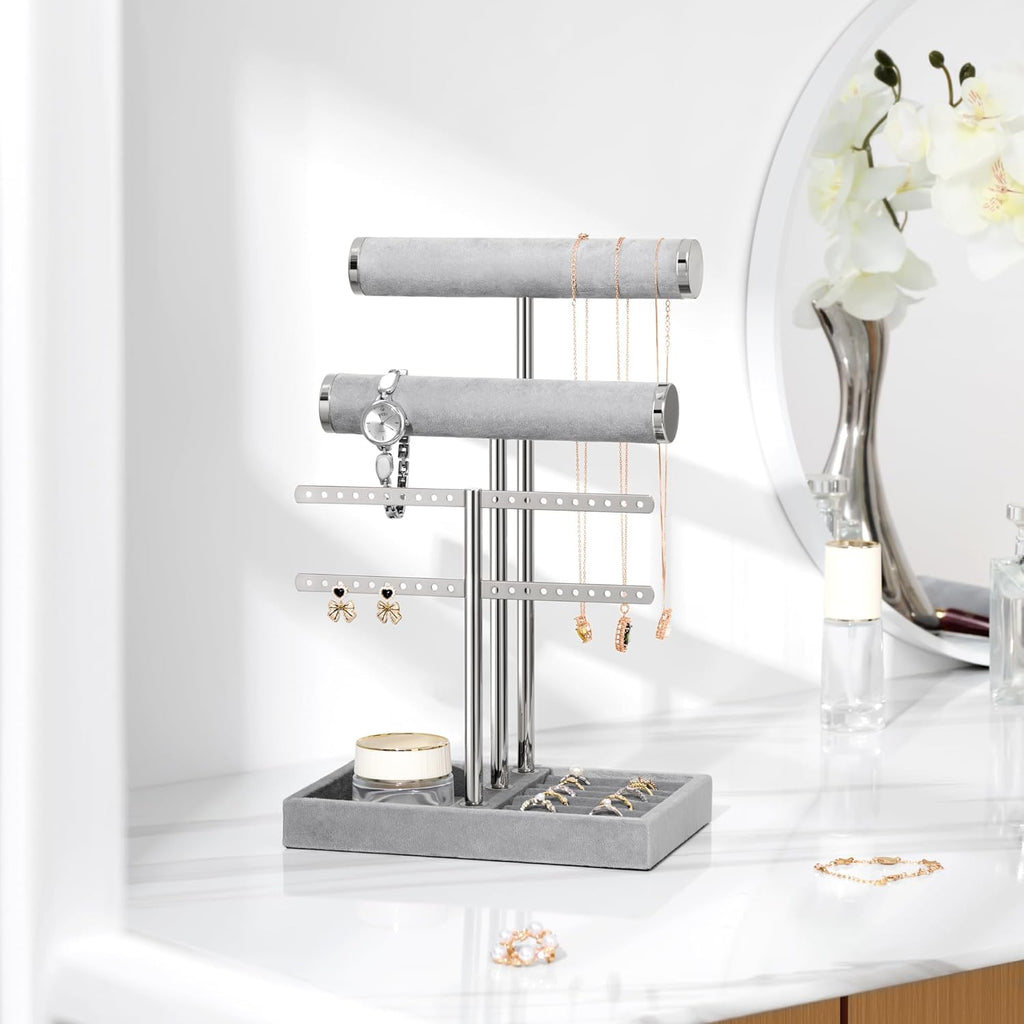3 Tier Bracelet Holder Display - Detachable T Bar Grey Velvet Bracelet Holder, Jewelry Holder Organizer for Bracelet, Necklace, Earrings, Rings